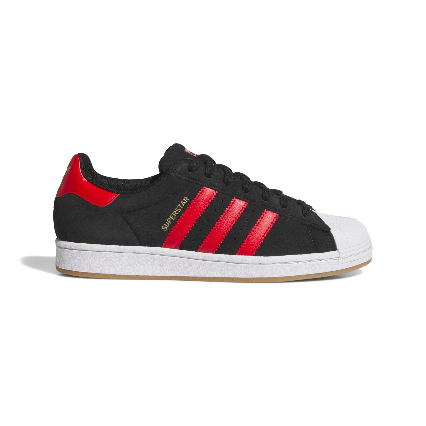 Black and red Adidas Superstar sneaker on a white background