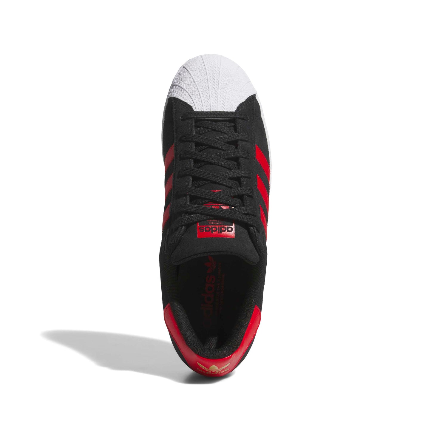 Black and red sneaker with white sole on a white background