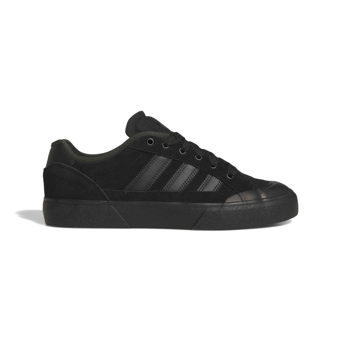 side view of all black low top adidas sneaker