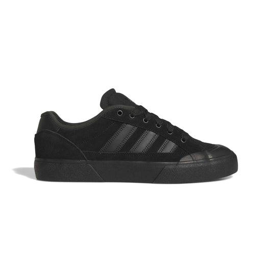 side view of all black low top adidas sneaker
