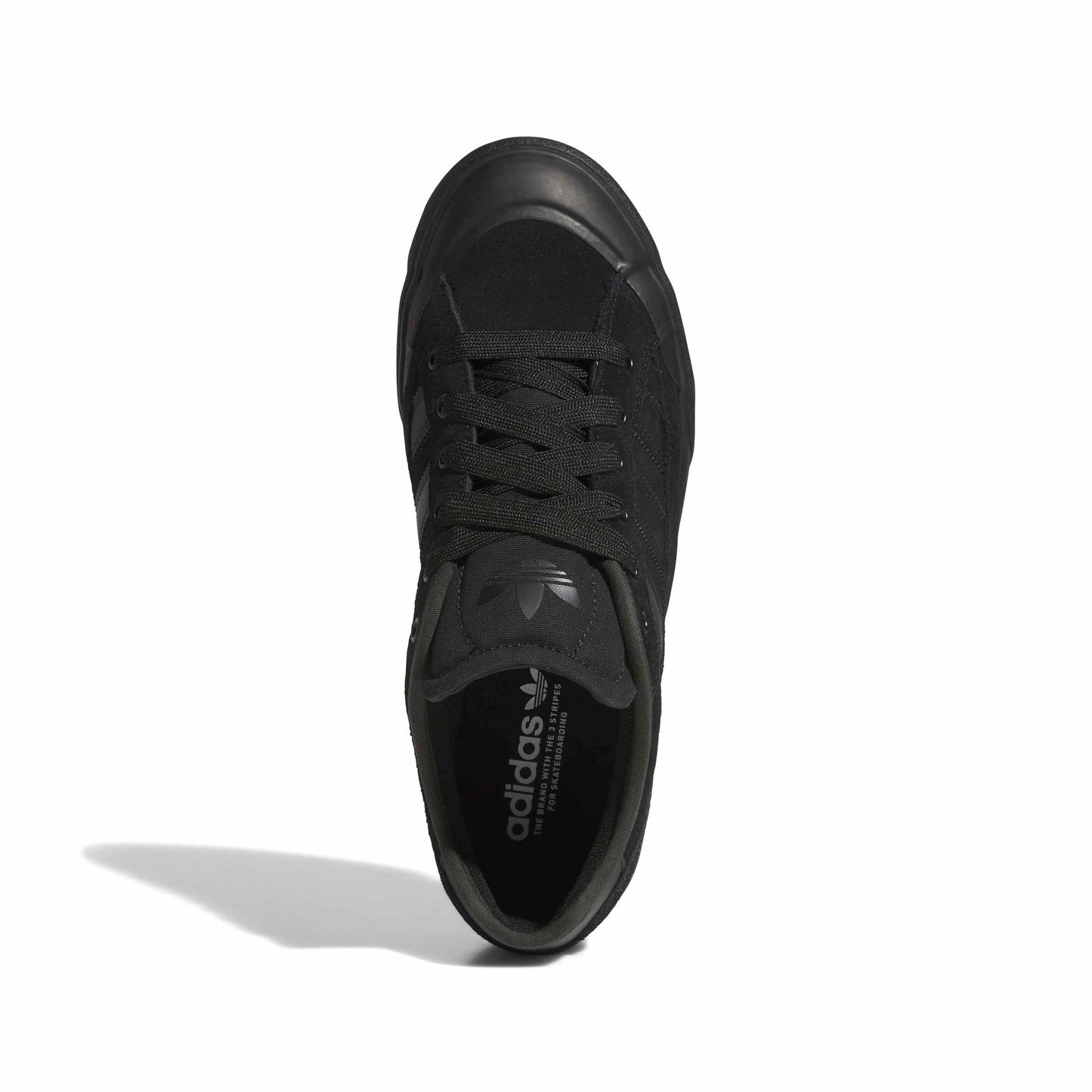 top down view of Black Adidas sneaker on a white background