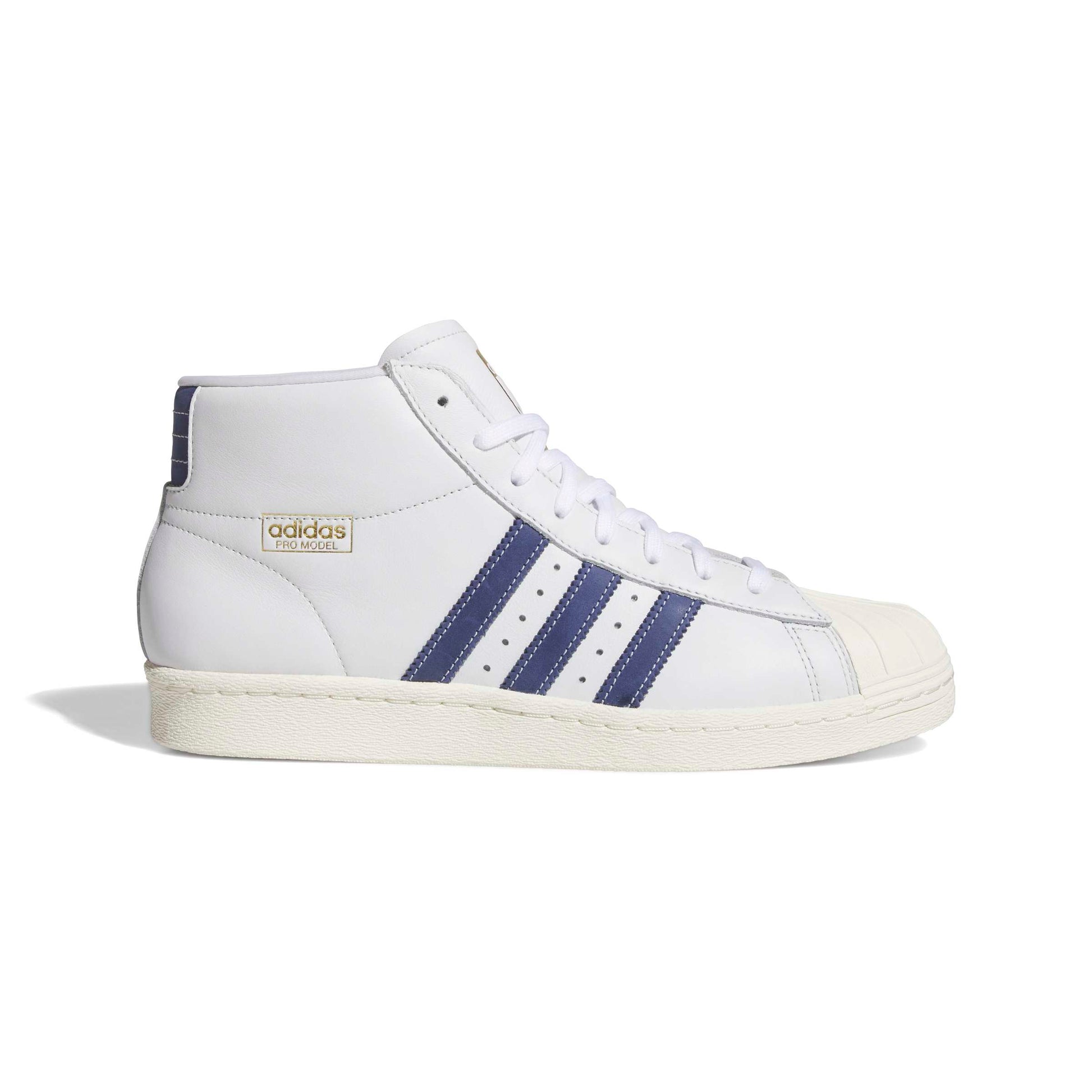 A white Adidas Superstar High sneaker with navy blue three-stripes on the side, a white rubber toe cap, and a white midsole, shown against a plain white background.
