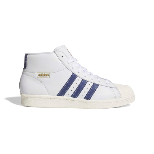 A white Adidas Superstar High sneaker with navy blue three-stripes on the side, a white rubber toe cap, and a white midsole, shown against a plain white background.