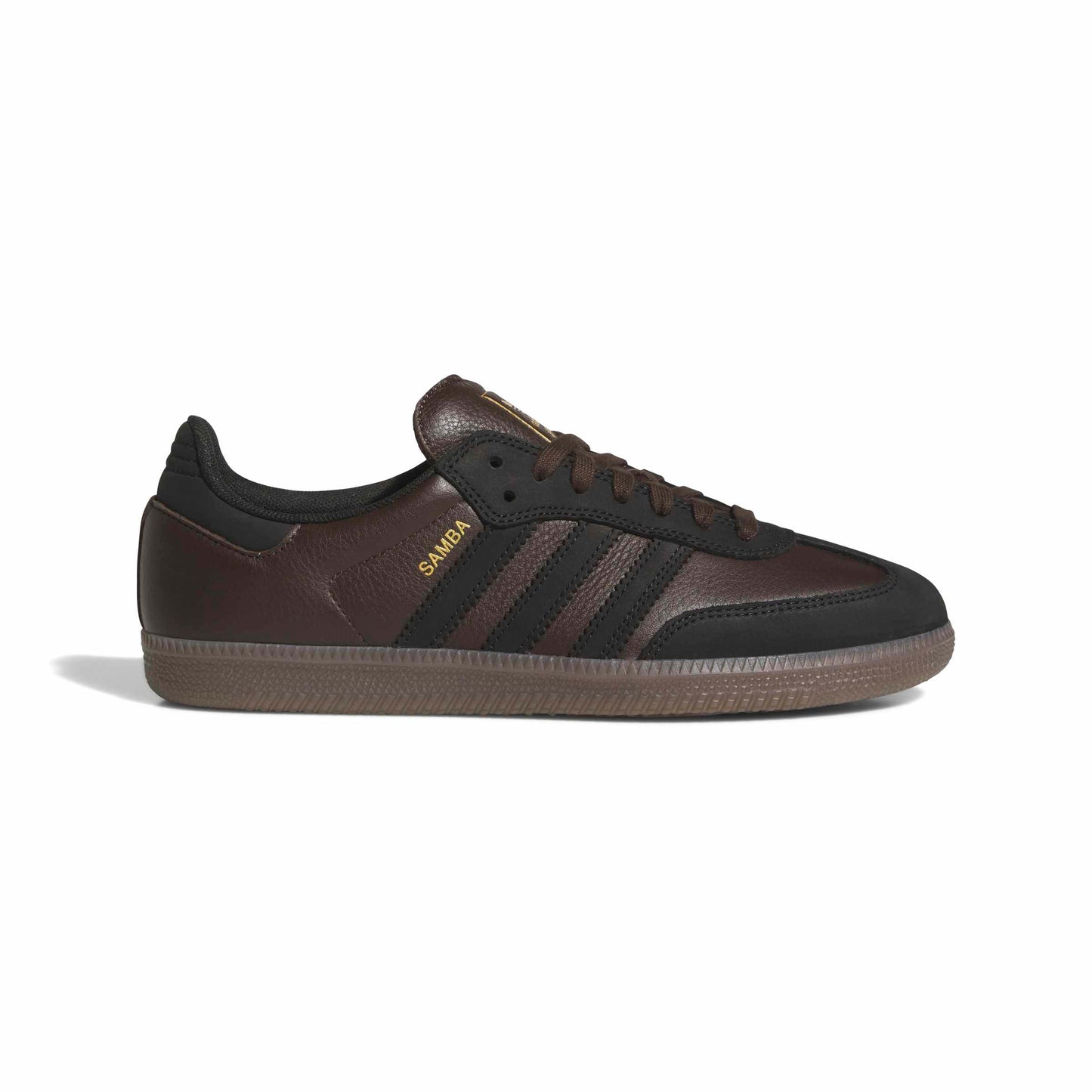A brown/black samba with a gum sole shown from the side