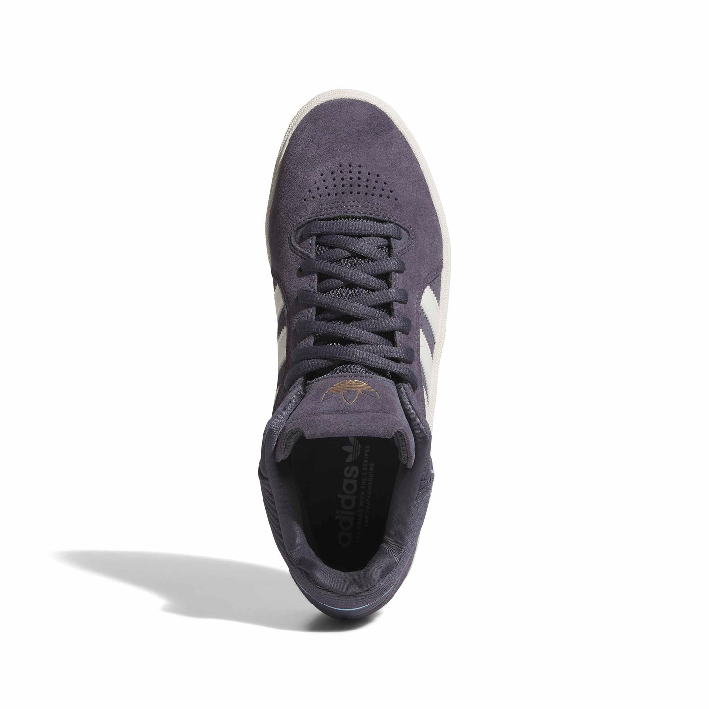 top down view of suede adidas sneaker on white background
