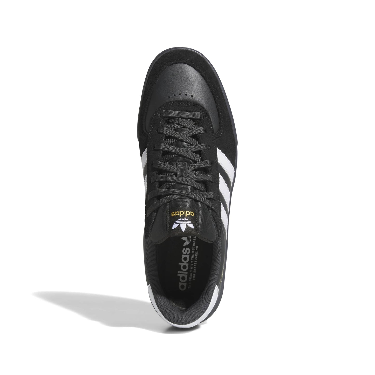 top down view of Black Adidas sneaker with white stripes on a white background