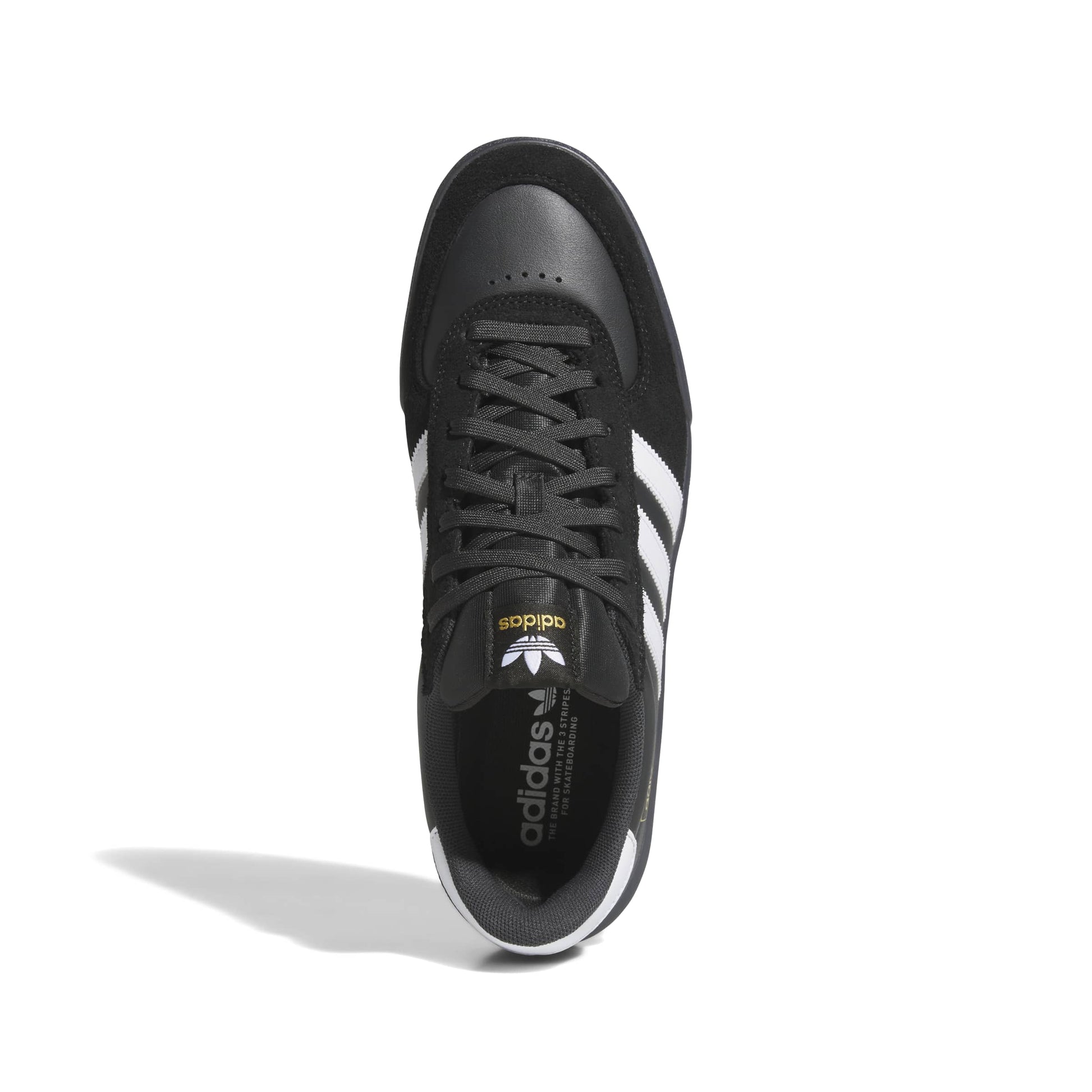 top down view of Black Adidas sneaker with white stripes on a white background