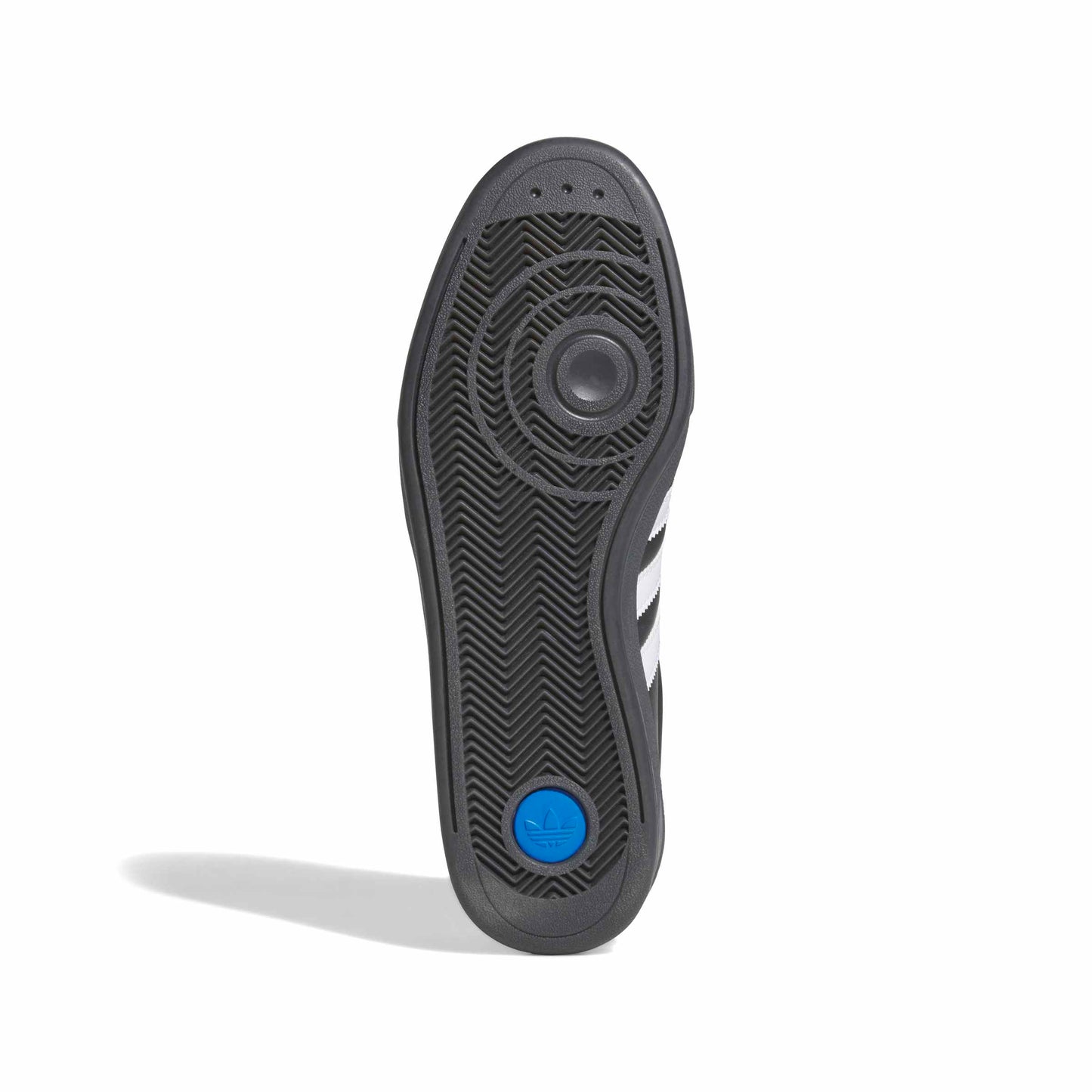 Black shoe sole with a blue circular heel logo on a white background
