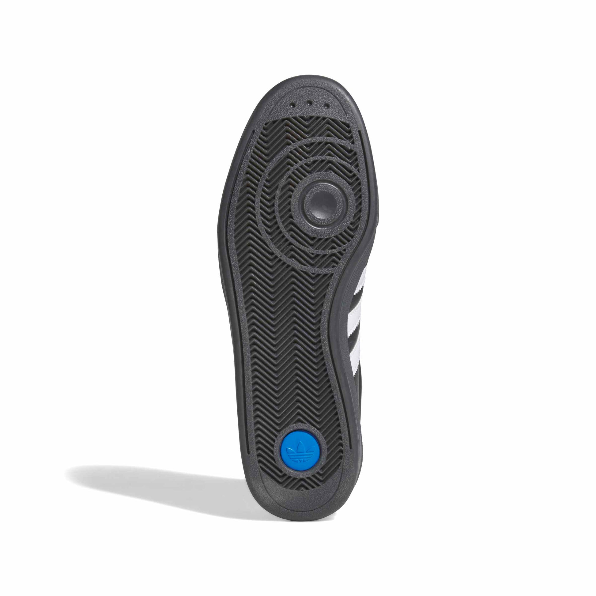 Black shoe sole with a blue circular heel logo on a white background