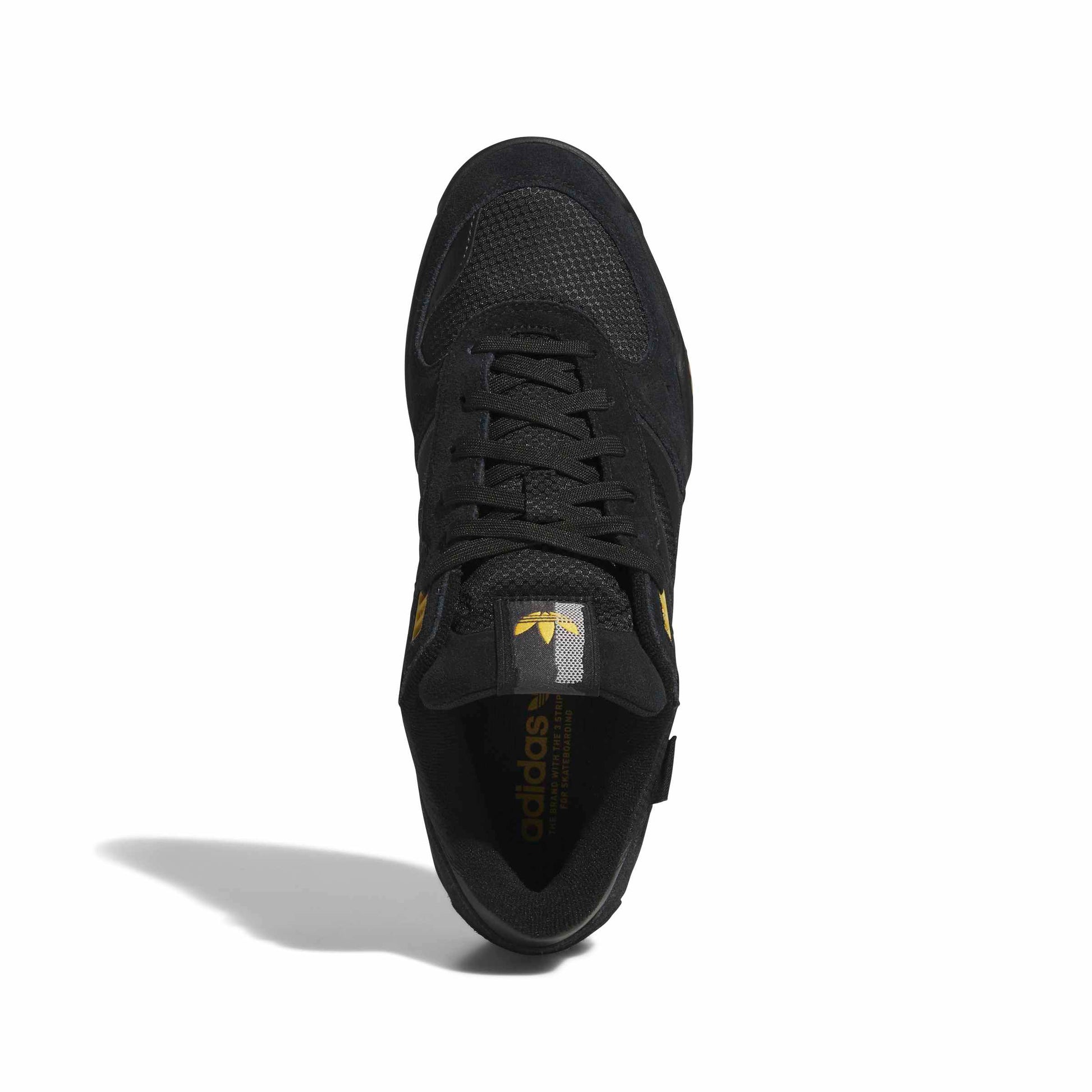 Black sneaker with an adidas brand logo on a white background