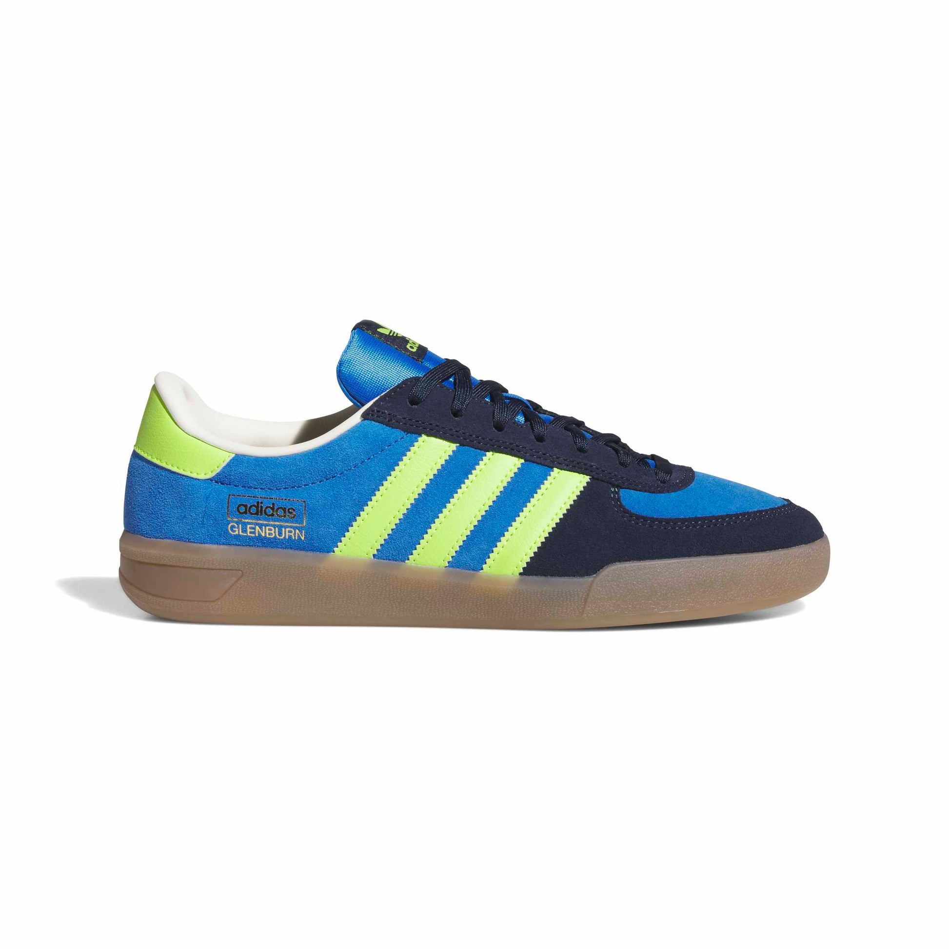 Blue and green Adidas sneaker on a white background
