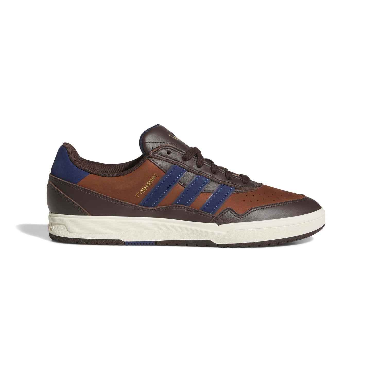 Brown and blue Adidas sneaker on a white background
