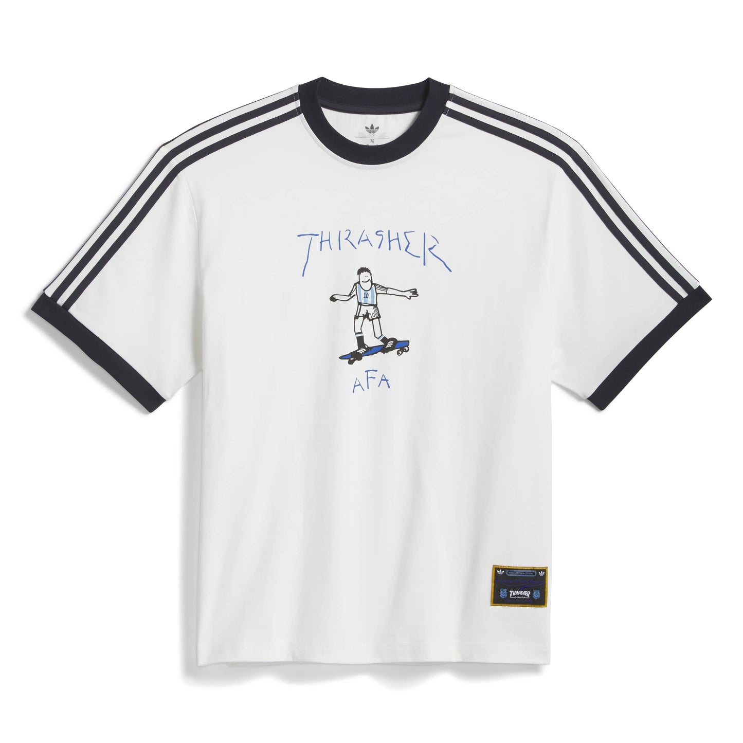 White t-shirt with black stripes and graphic design on a white background