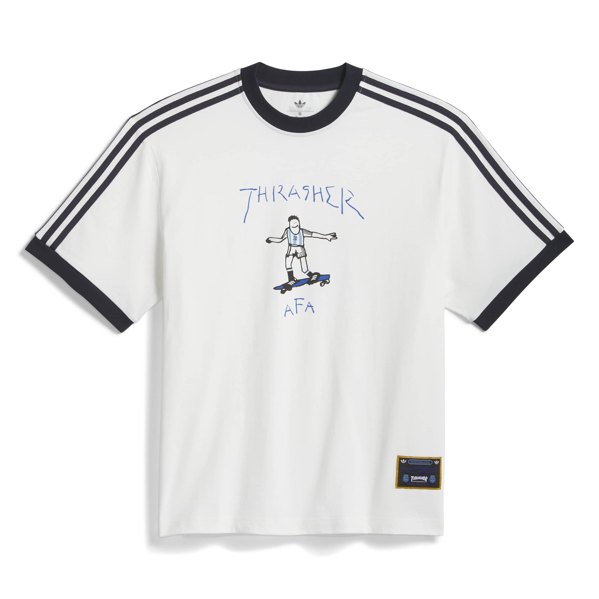 White t-shirt with black stripes and graphic design on a white background