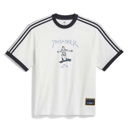 White t-shirt with black stripes and graphic design on a white background