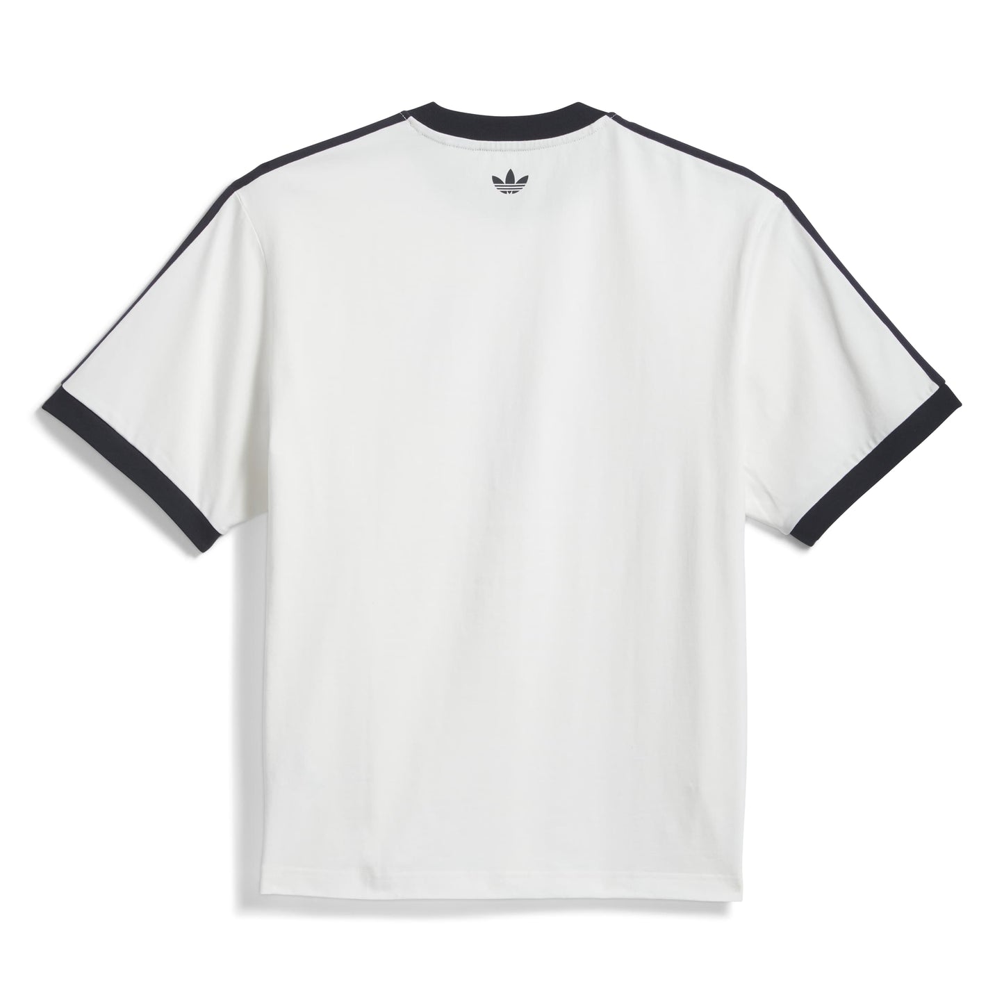 White t-shirt with black accents and Adidas logo on a white background