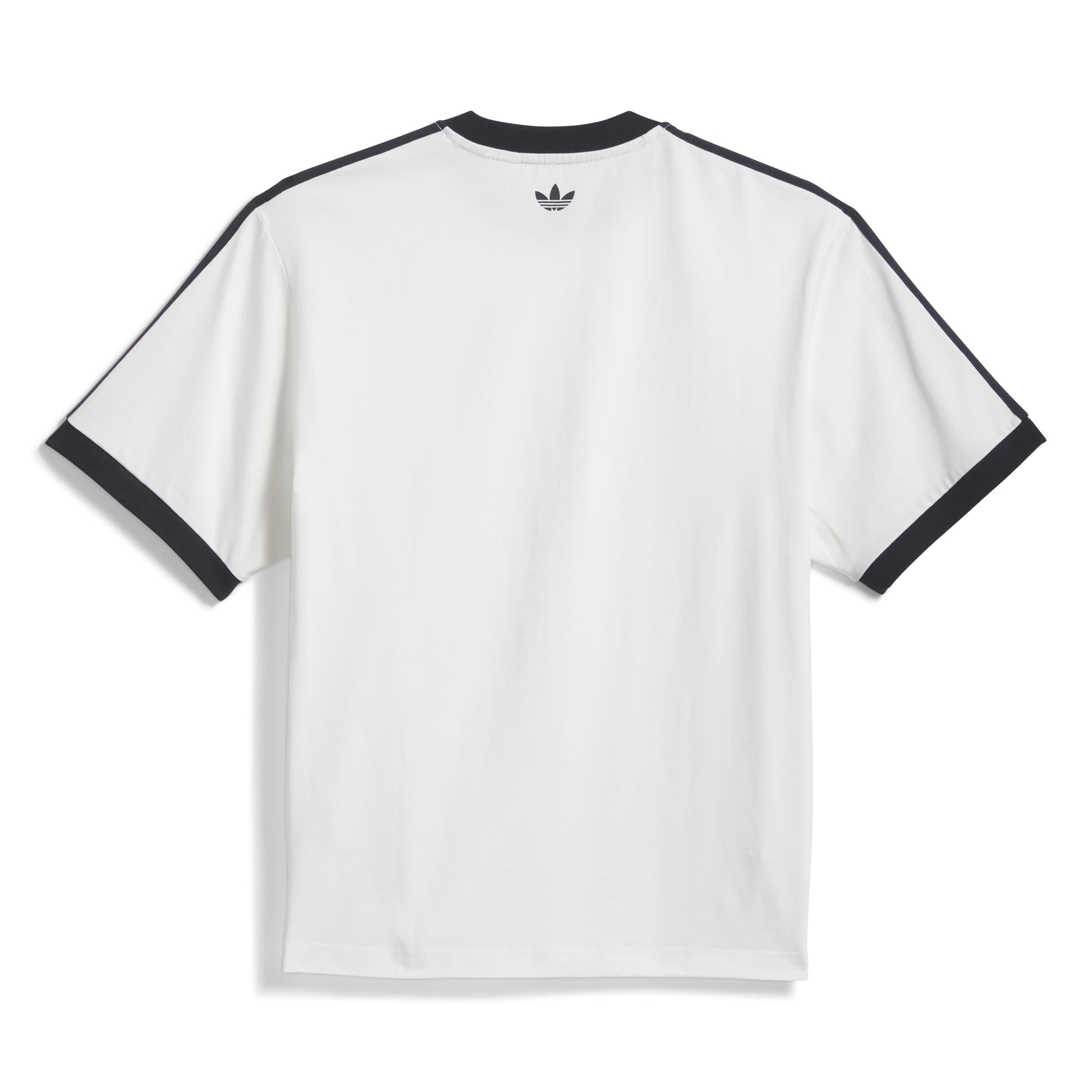 White t-shirt with black accents and Adidas logo on a white background