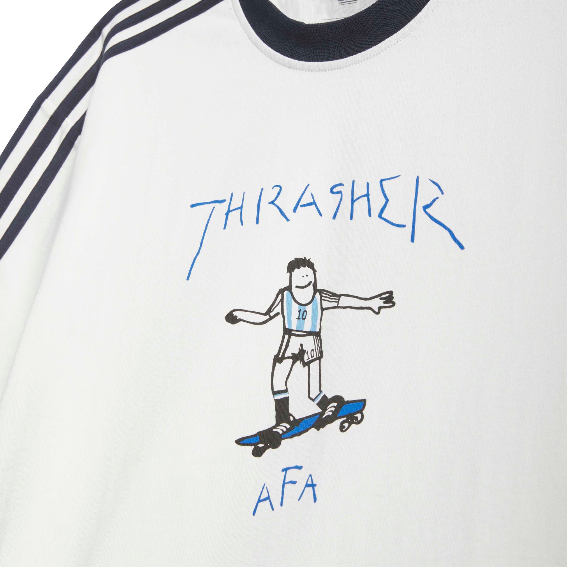 White t-shirt with 'Thrasher' and 'AFA' graphics on a plain background