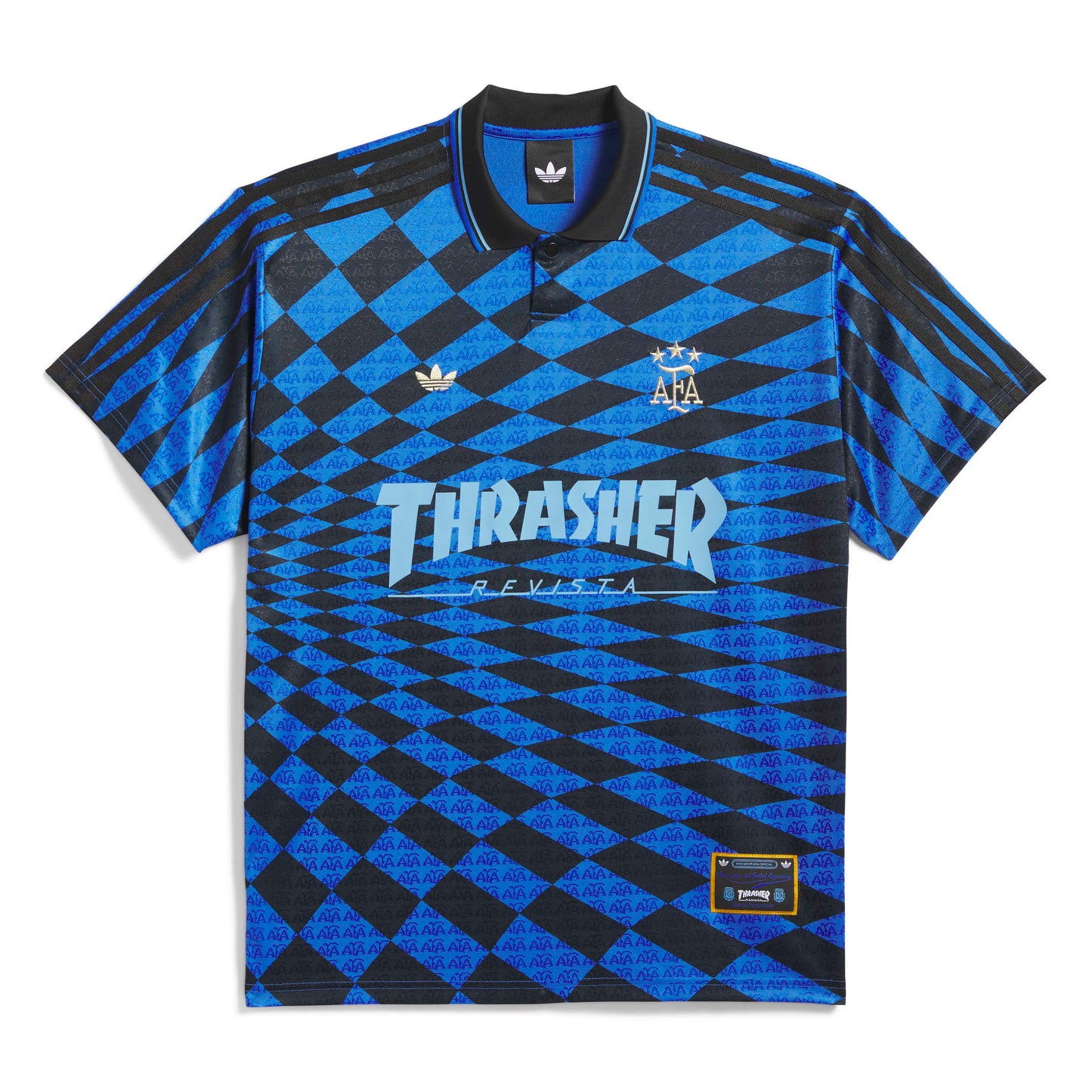 Blue and black checkered sports jersey with Adidas and Thrasher logos on a white background
