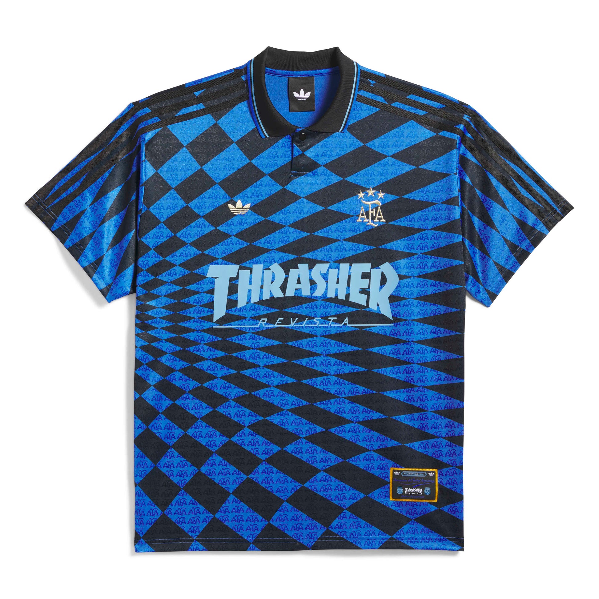 Blue and black checkered sports jersey with Adidas and Thrasher logos on a white background