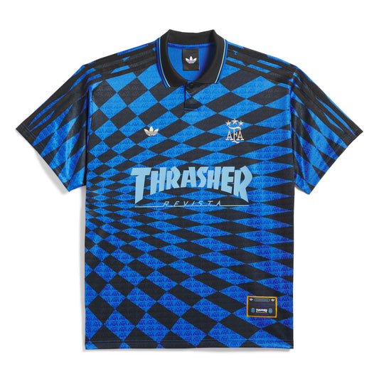 Blue and black checkered sports jersey with Adidas and Thrasher logos on a white background