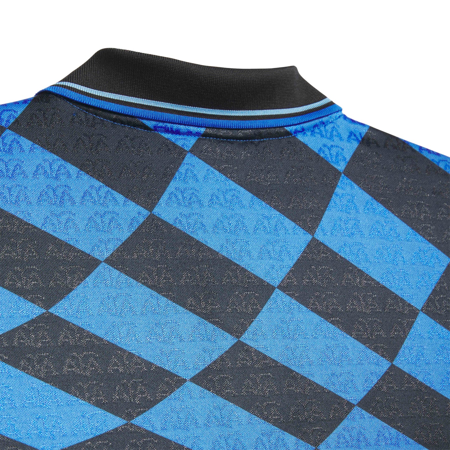 Close-up of a blue and black checkered shirt with a collar