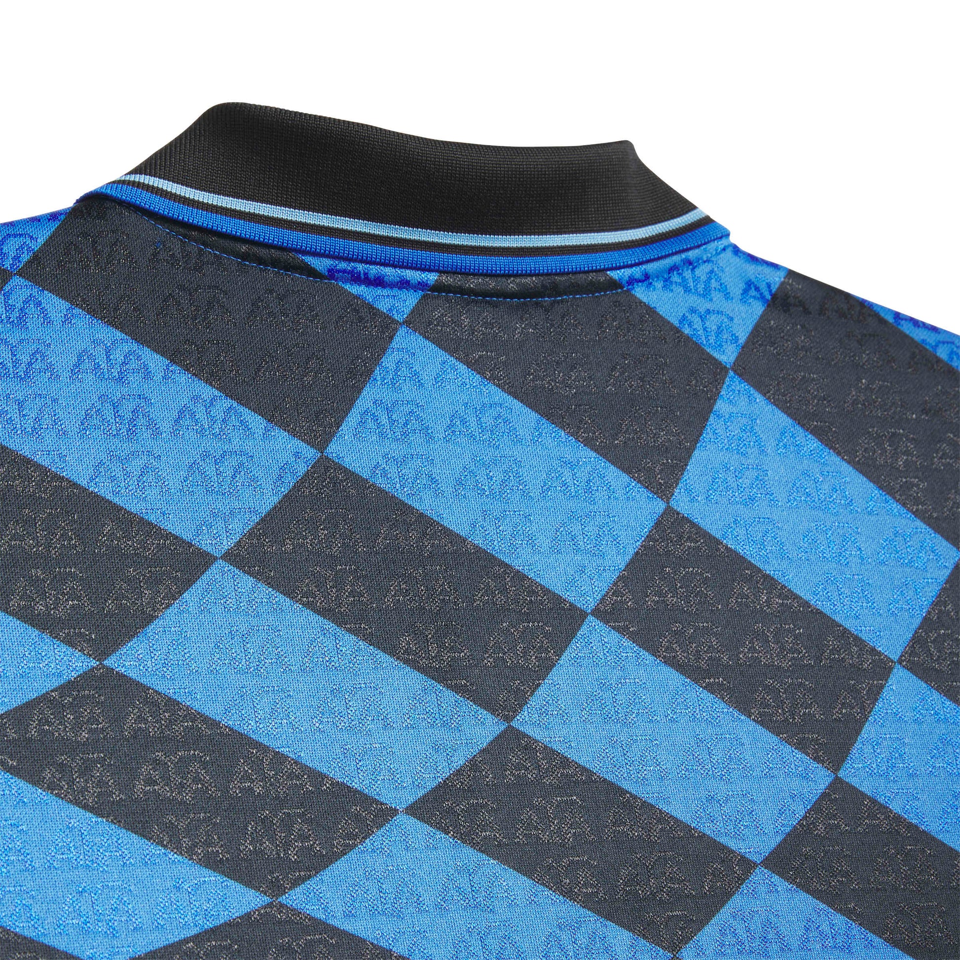 Close-up of a blue and black checkered shirt with a collar