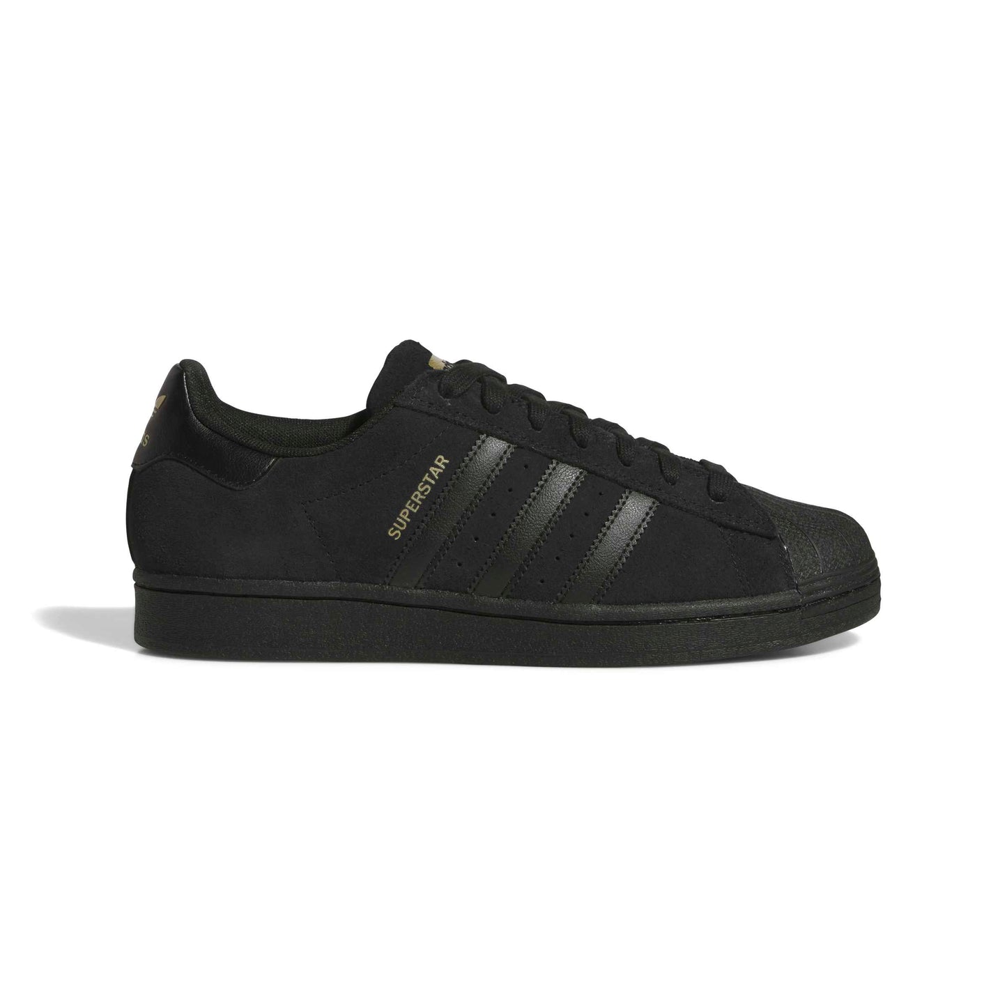 An adidas superstar ADV in all black, shown from a side profile view against a plain white background.