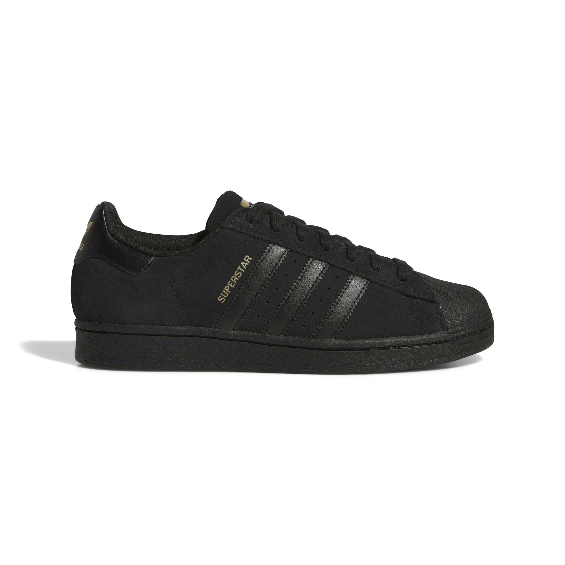 An adidas superstar ADV in all black, shown from a side profile view against a plain white background.
