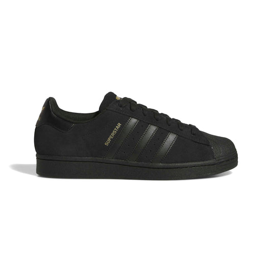 An adidas superstar ADV in all black, shown from a side profile view against a plain white background.
