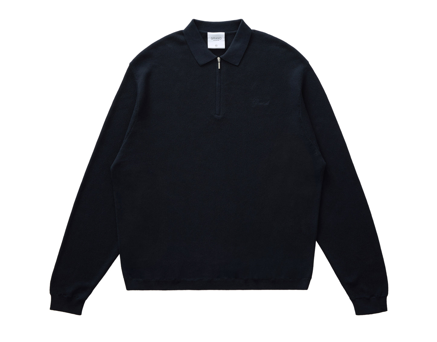 Black quater zip sweater with a collar on a white background