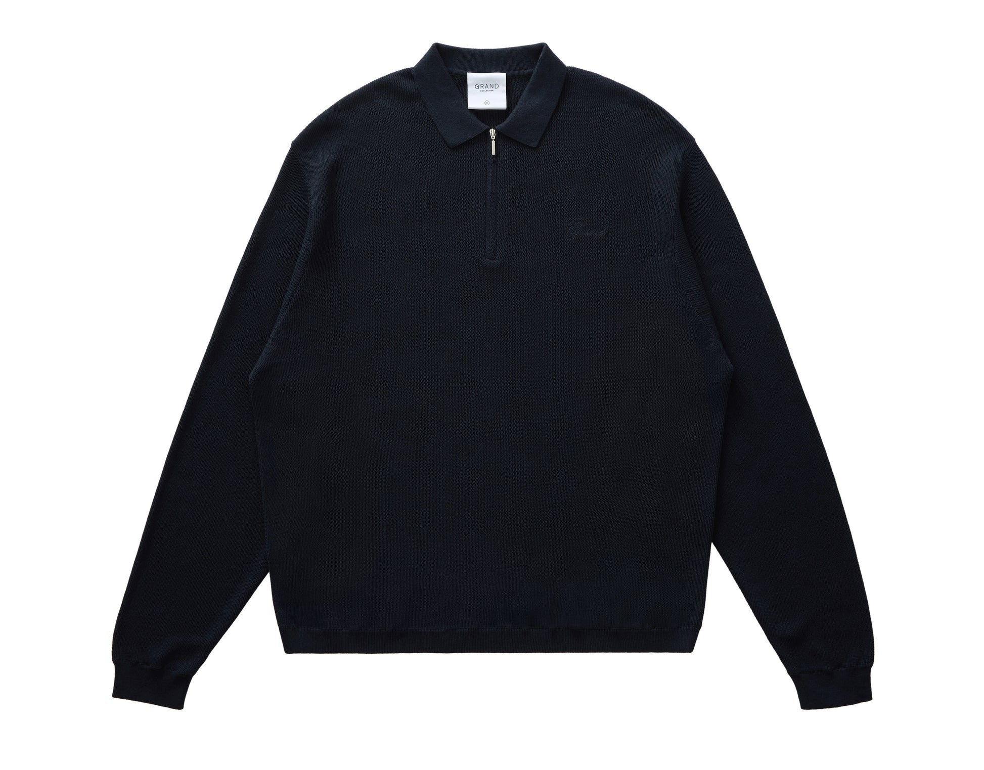Black quater zip sweater with a collar on a white background