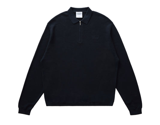 Black quater zip sweater with a collar on a white background