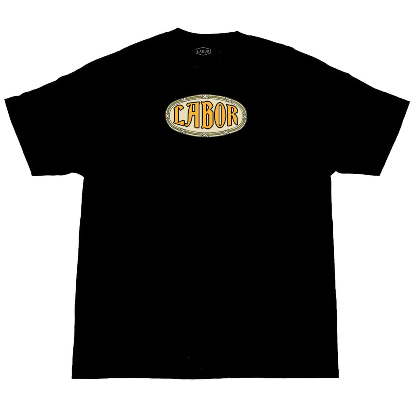 view of black t-shirt with cream and yellow oval LABOR logo
