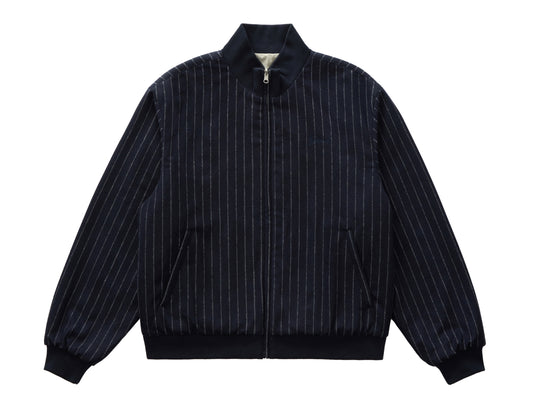 Navy pinstripe jacket on a white background