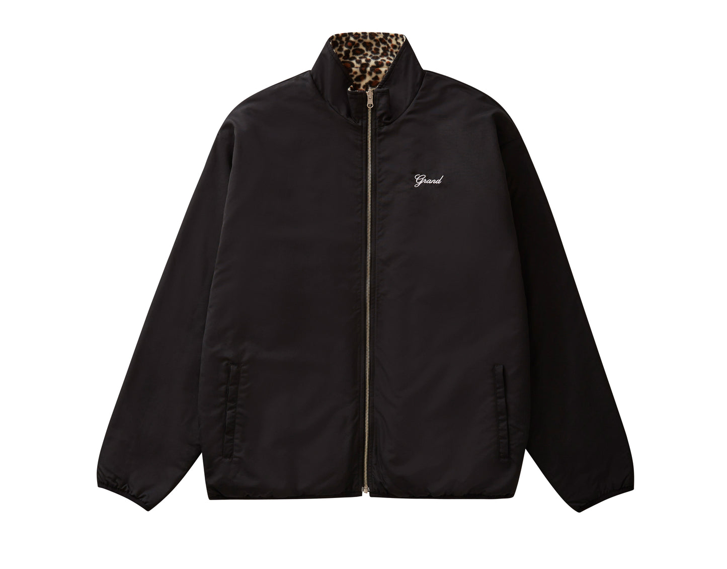 Black jacket with leopard print collar on a white background