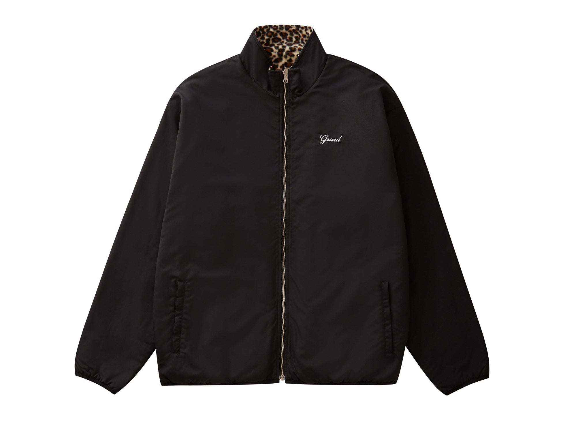 Black jacket with leopard print collar on a white background