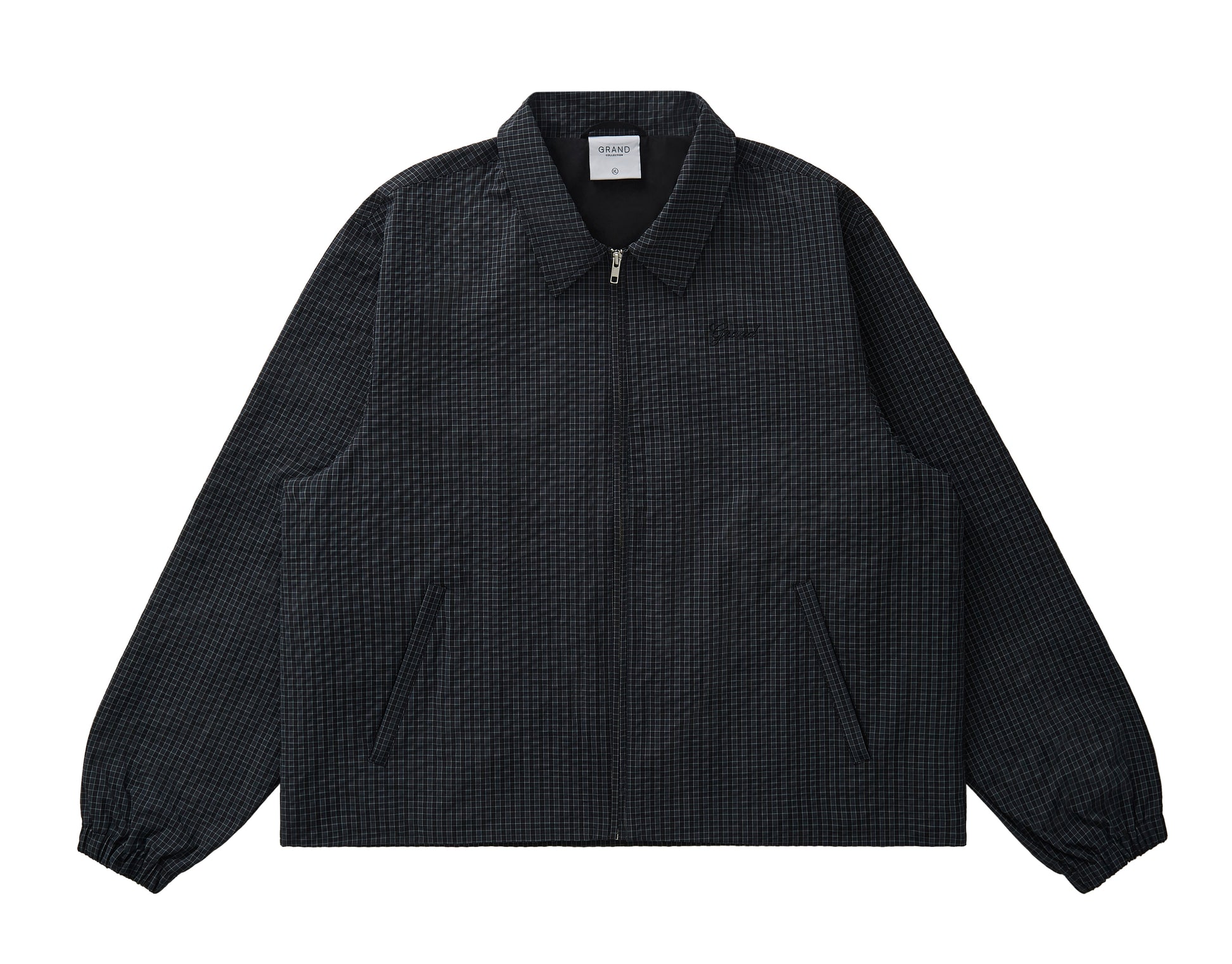 front view of mini check poly jacket