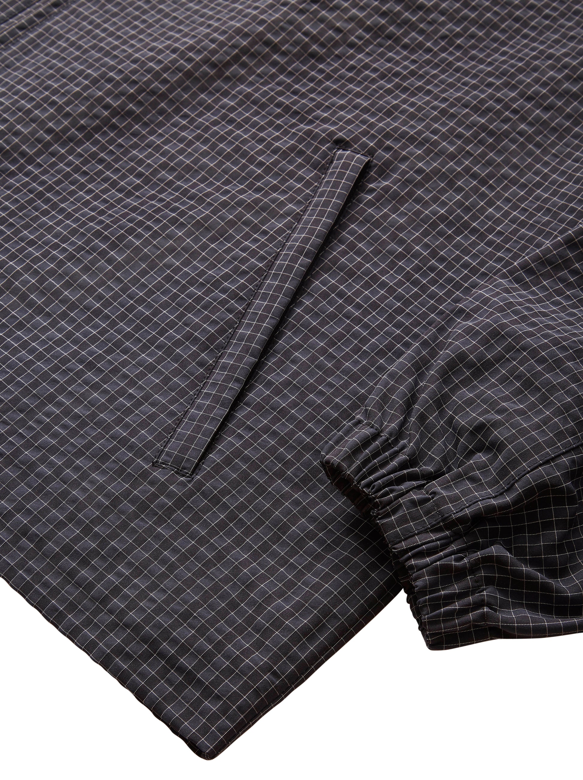 view of sleeve and pocket detail on mini check poly jacket