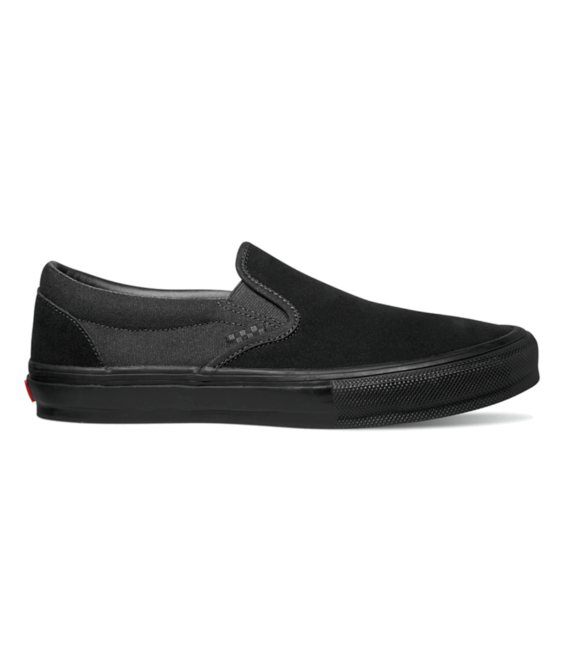 Side view of blackout suede and canvas slip on sneaker from Vans