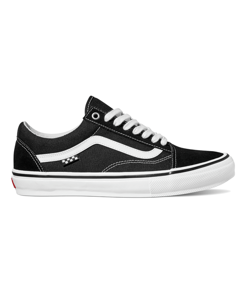side view of black/white lowtop skateboard shoe