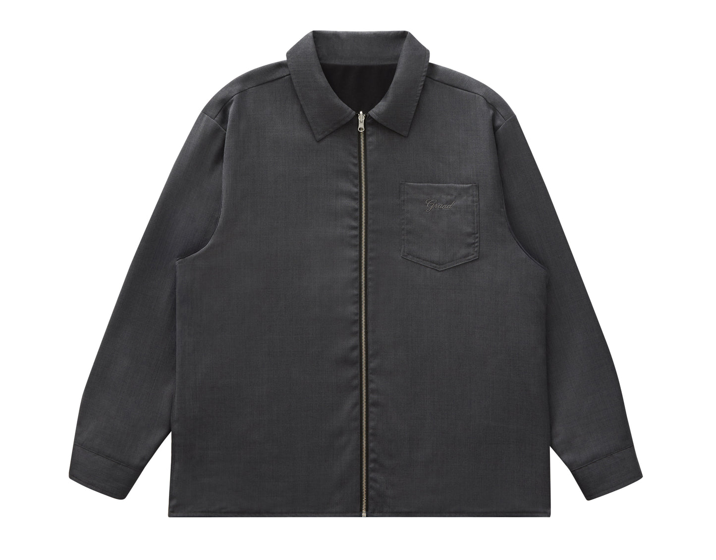 front view of grey wool zip overshirt