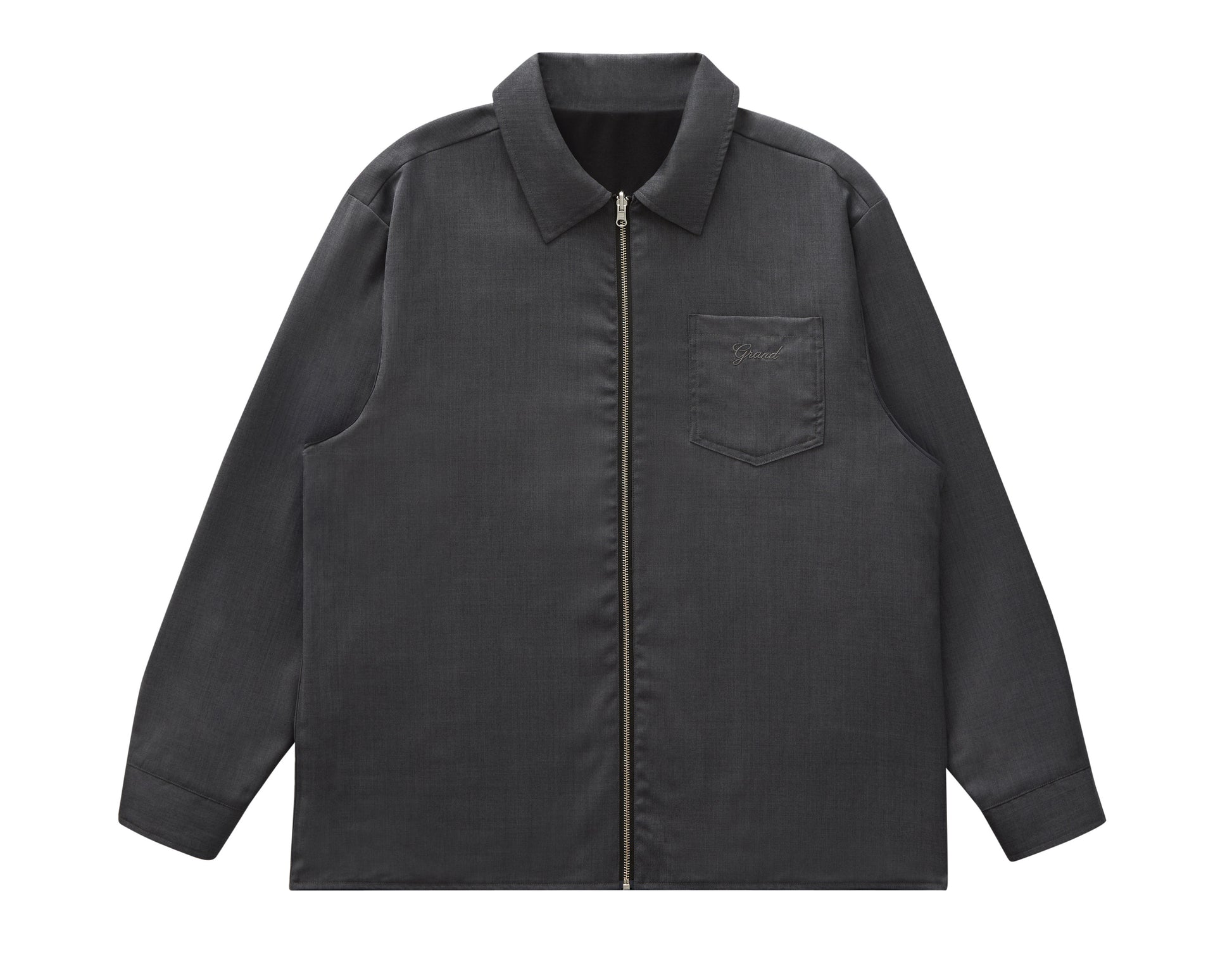 front view of grey wool zip overshirt