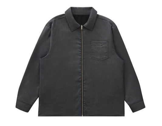 front view of grey wool zip overshirt