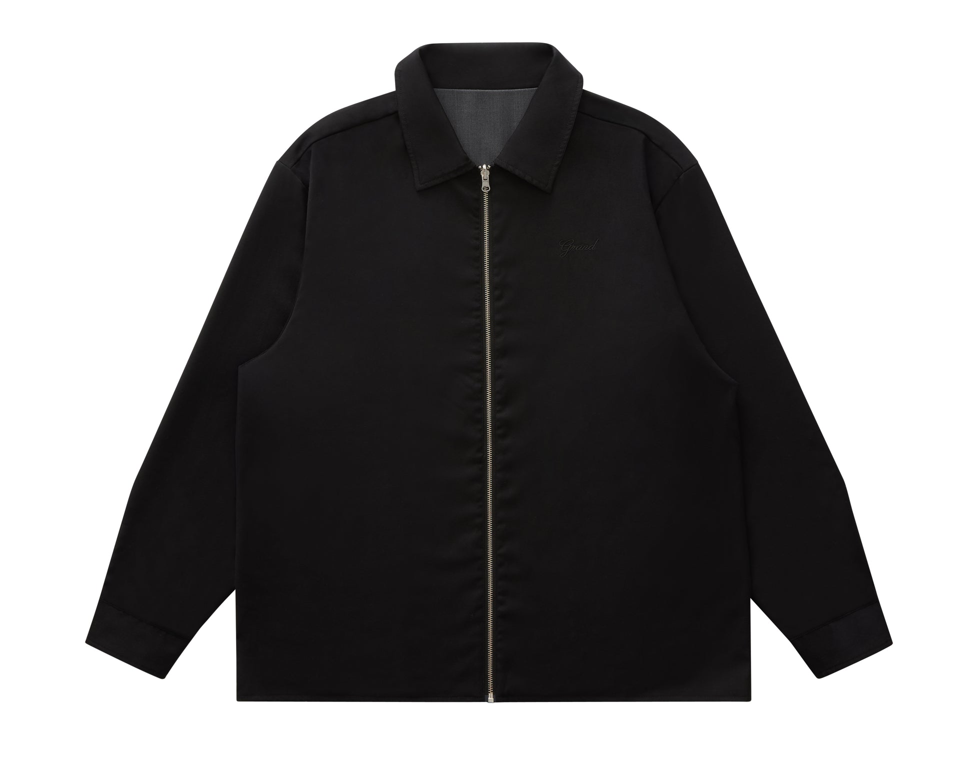 reversed view of Black jacket with a zipper on a white background