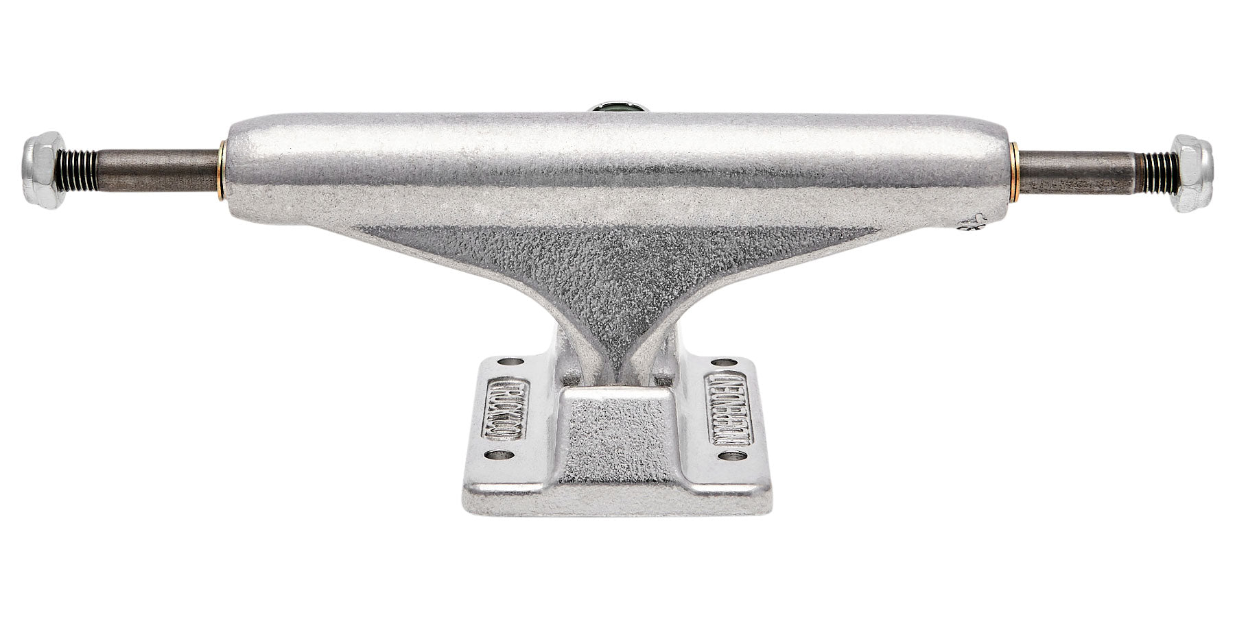 Skateboard truck with metallic finish on a white background