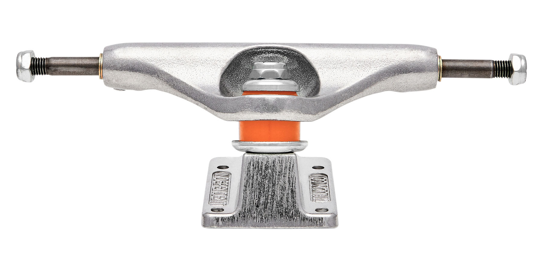 Skateboard truck with silver metal and orange bushing on a white background