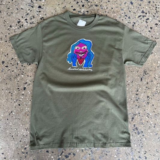 military green t shirt with multicolored smiling face in the center 