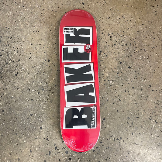 black and white Baker logo on red skate deck