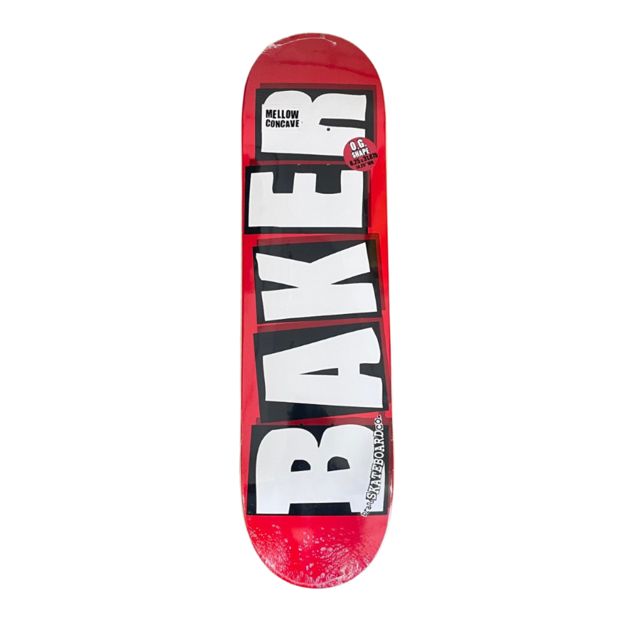 black and white Baker logo on red skate deck